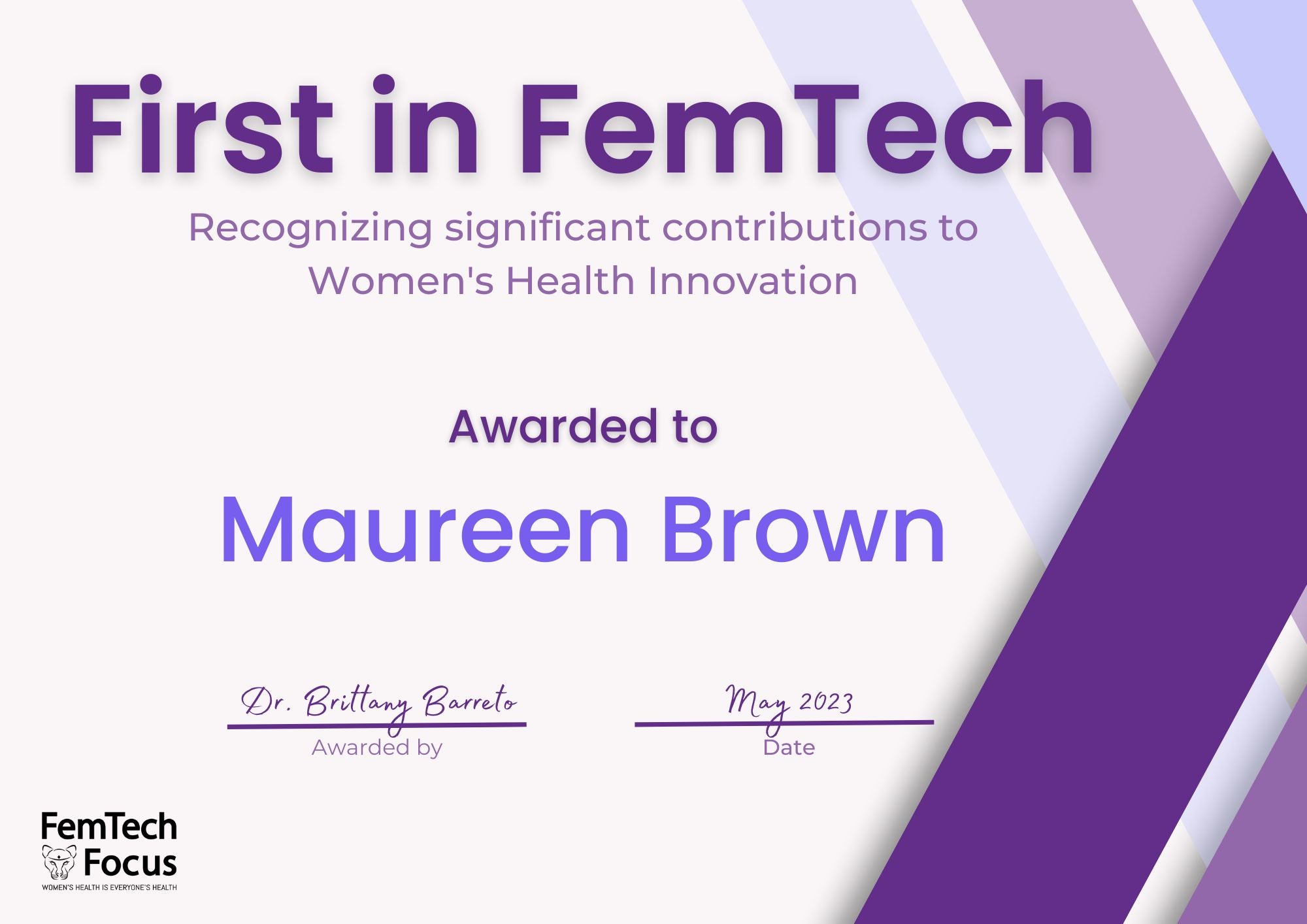 Mosie Baby Co-founder Maureen Brown has been selected as a recipient of the First in FemTech Award!