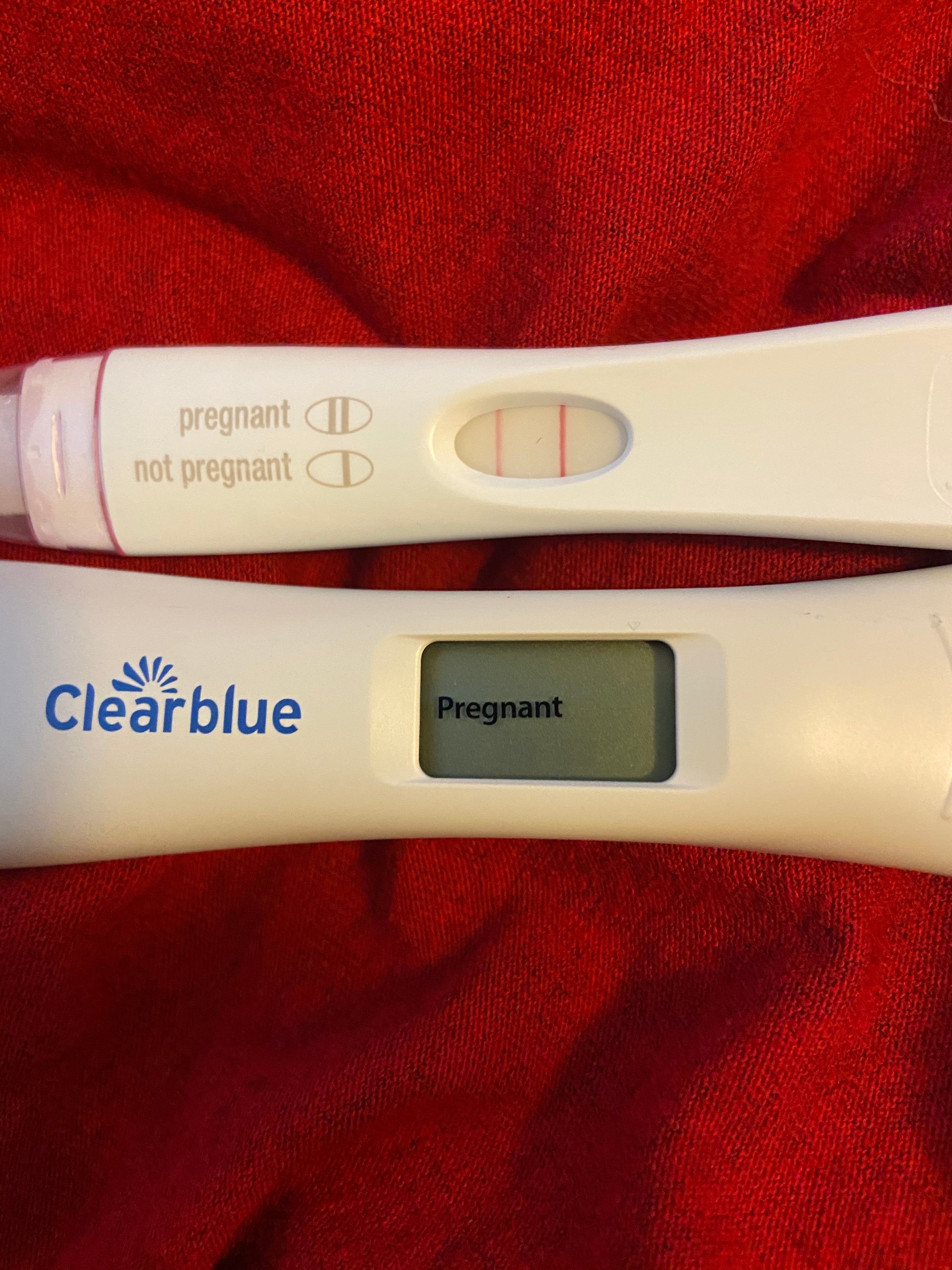 Two positive pregnancy tests on a red blanket.