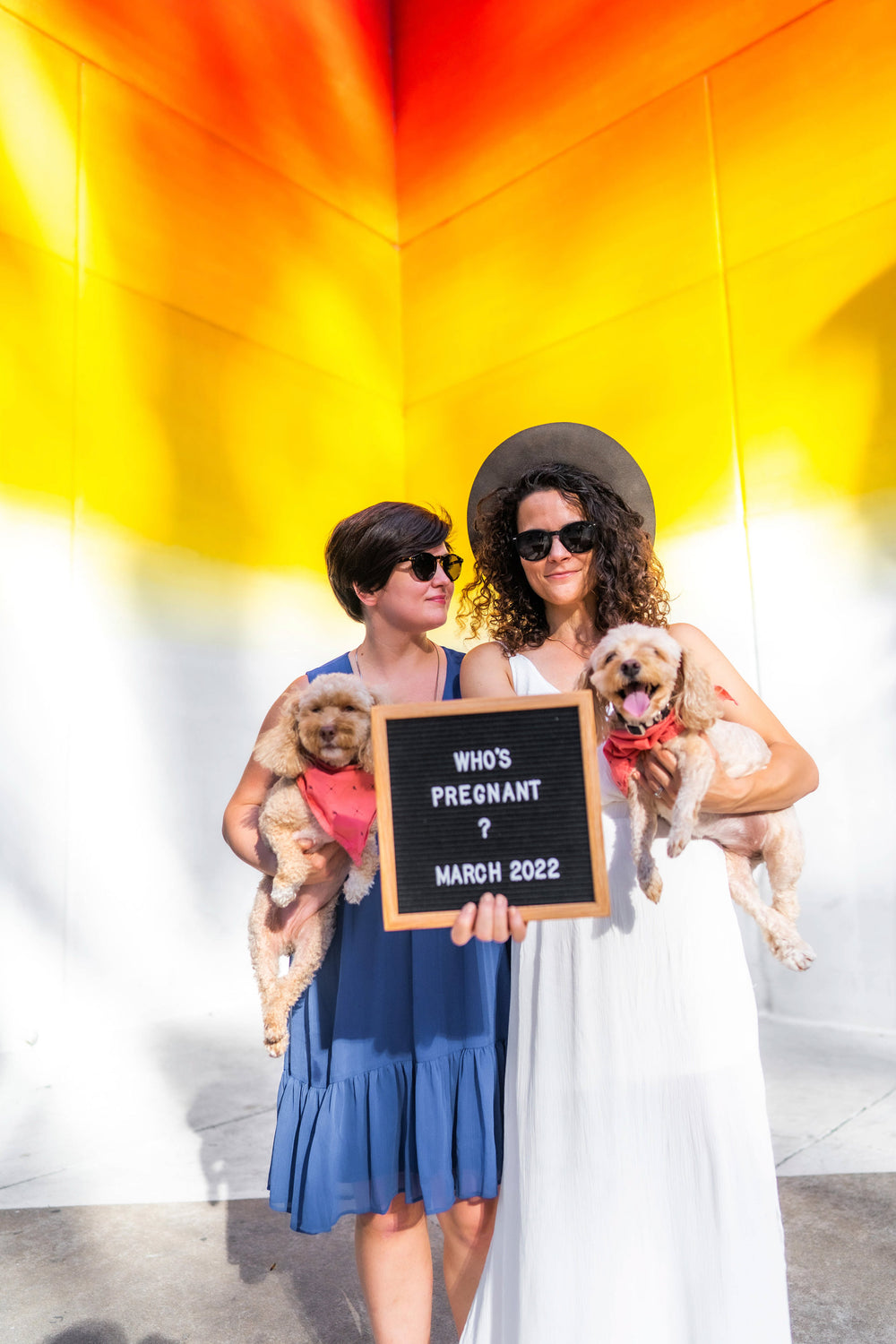 Two Married Women hold their dogs and a baby announcement sign that reads: Who's Pregnant? March 2022