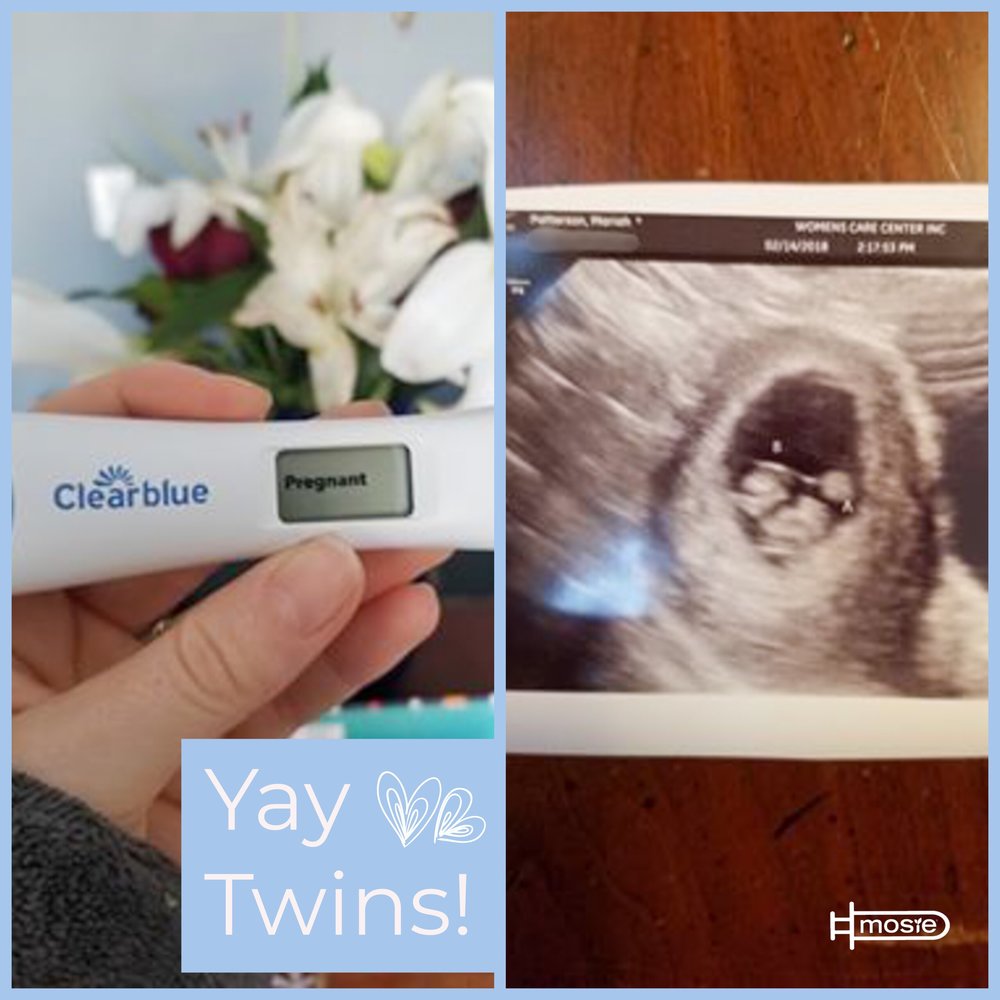 a positive pregnancy test and a sonogram of twins from a mosie user