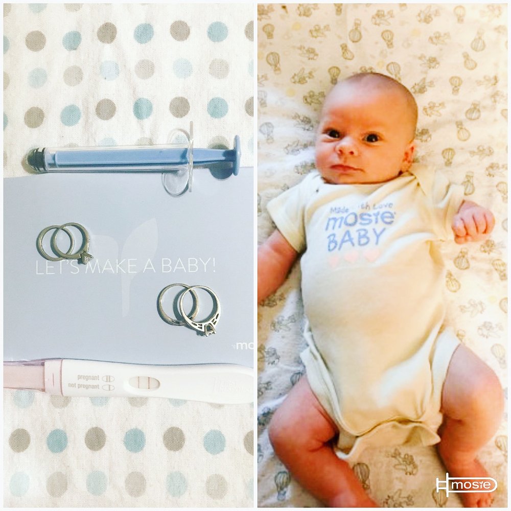 A collage of a mosie baby kit with wedding rings and a pregnancy test on top and a mosie baby