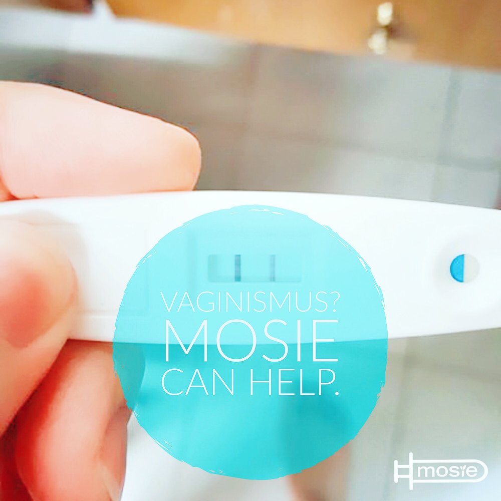 Woman holding positive pregnancy test with text that says "vaginismus? Mosie can help"