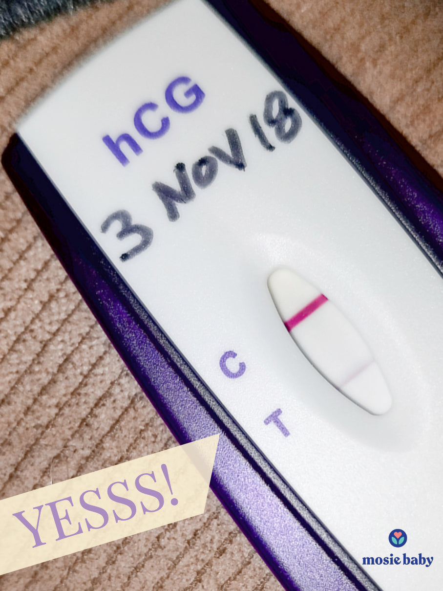 positive pregnancy test from a mosie user with the word "YESSS!"