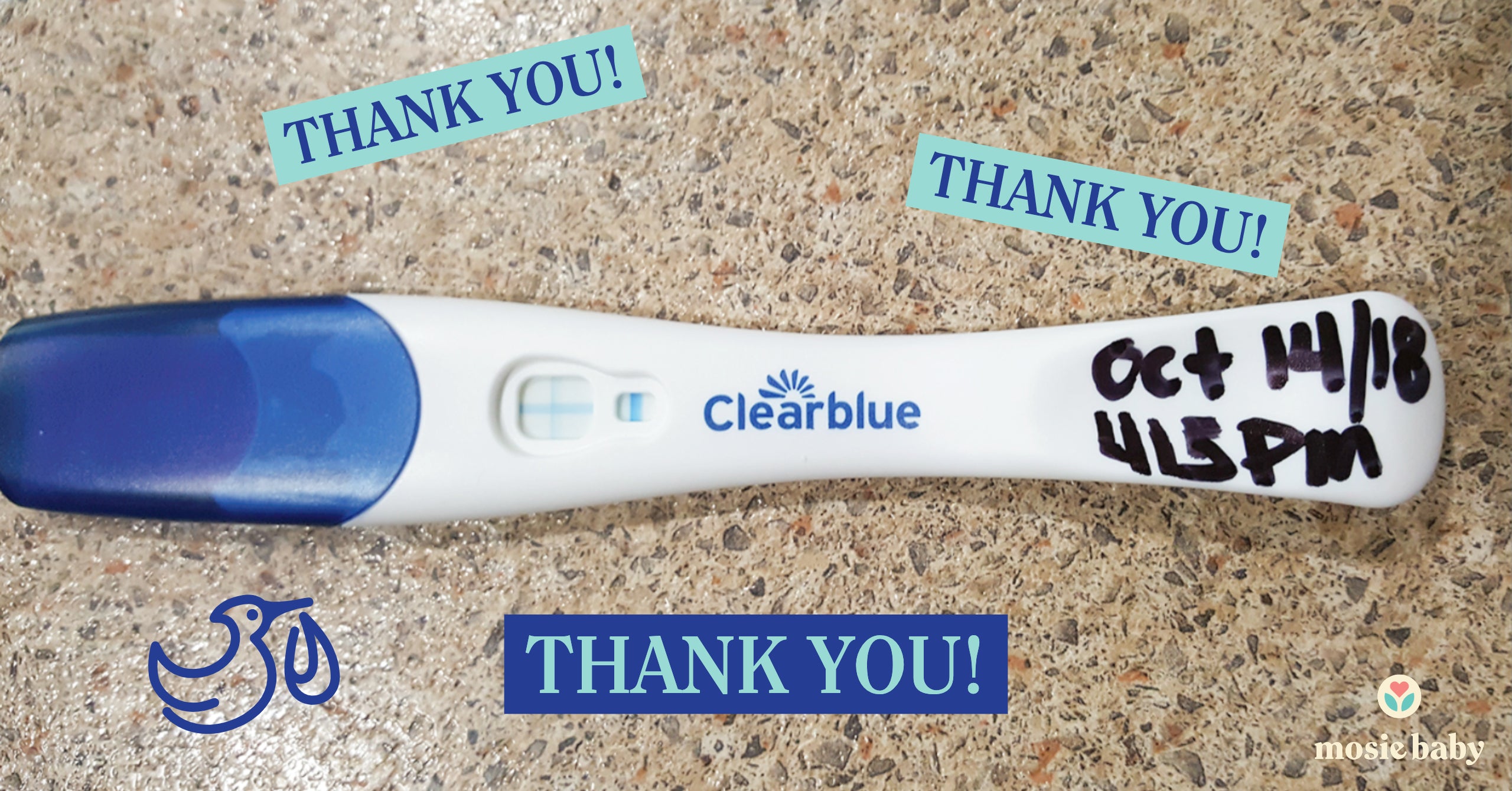 pregnancy test of a Mosie User with the words thank you!