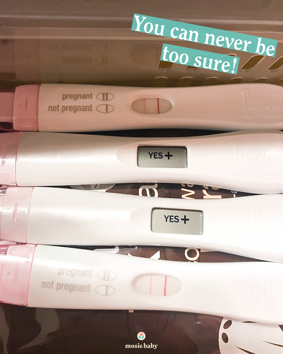 four positive pregnancy tests from a Mosie customer