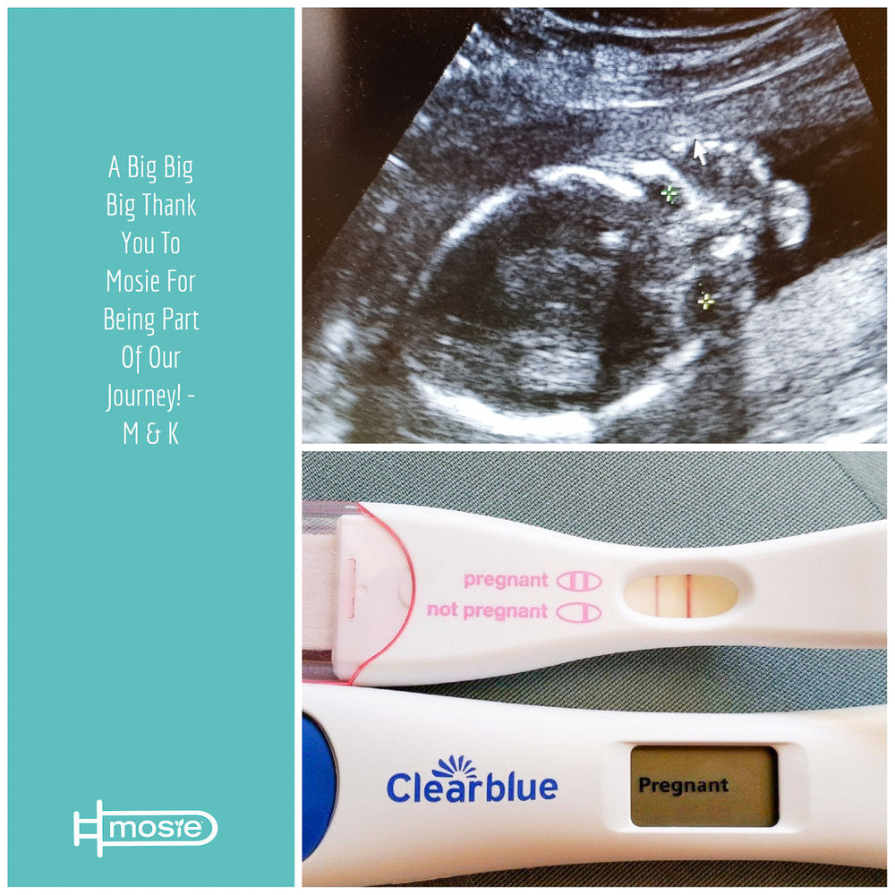 two positive pregnancy tests and a sonogram of a Mosie baby