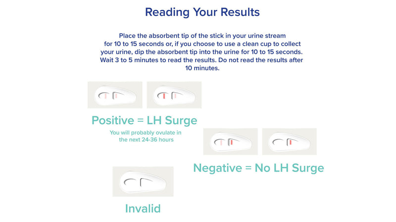 Instructions on how to read your results: Place the absorbent tip of the stick in your urine stream for at least 10 seconds, or, if you choose to use a clean cup to collect, your urine, dip the absorbent tip into the urine for at leat 15 seconds. Wait 3 to 5 minutes to read the results. DO not read the results after 10 minutes. An info graphic explains how to read the results.
