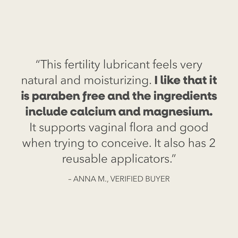 Text reads "This fertlity lubricant feels very natural and moisturizing. I like that is is paraben free and the ingredients include calcium and magnesium. It supports vaginal flora and is good when trying to conceive. It also has 2 reusable applicators" - Anna M., verified buyer